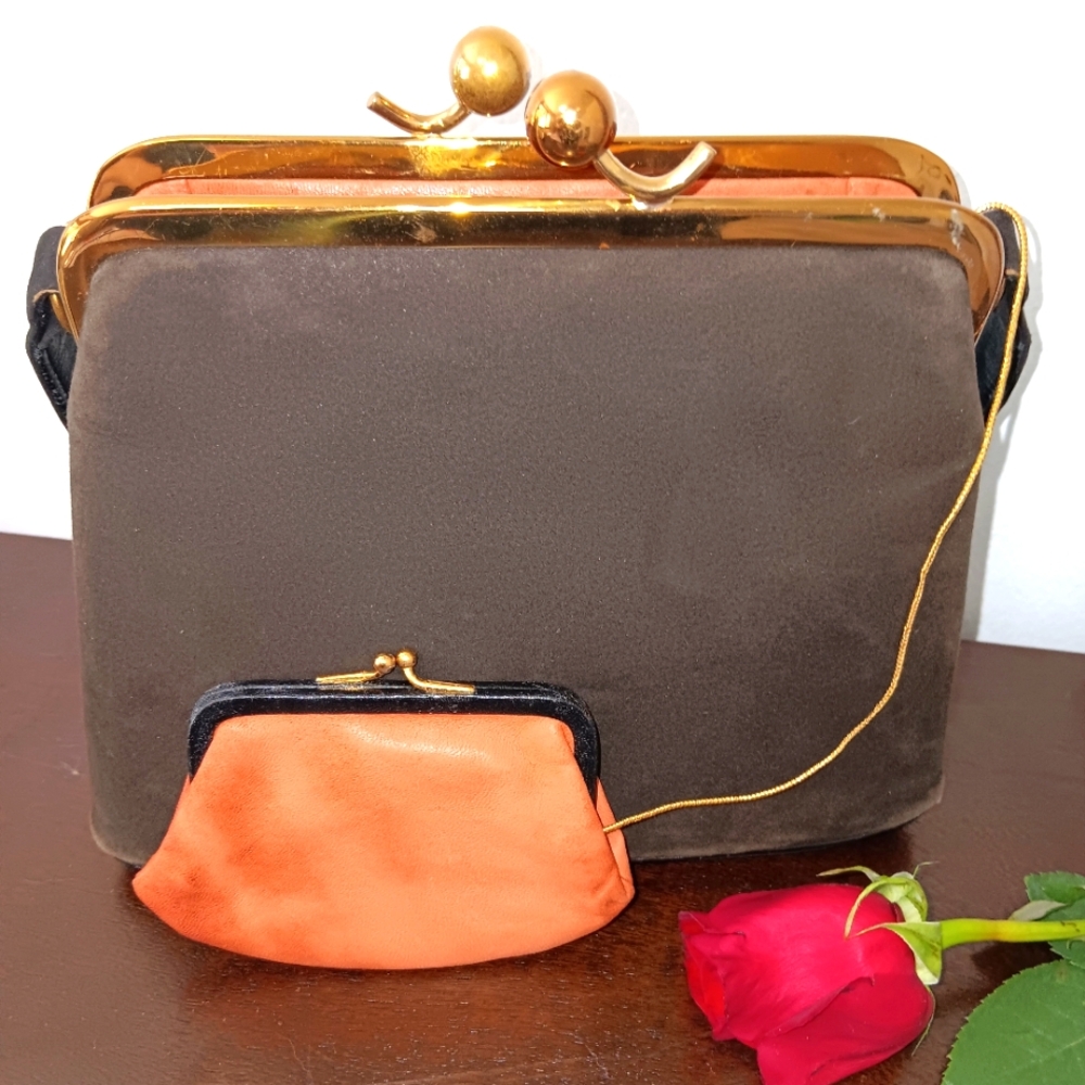 Bass Brushed Charcoal Suede Satchel Purse Authentic 1950s